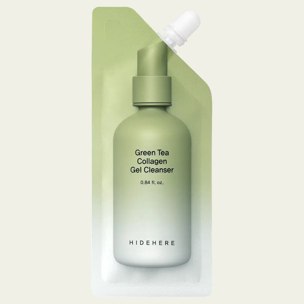 Hidehere Green Tea Collagen Gel Cleanser 25 ml, gel limpiador facial con té verde y colágeno en envase flexible con boquilla