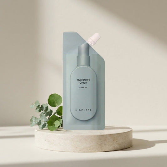 Hidehere Hyaluronic Cream 25ml sobre un pedestal redondo de travertino, junto a una rama verde