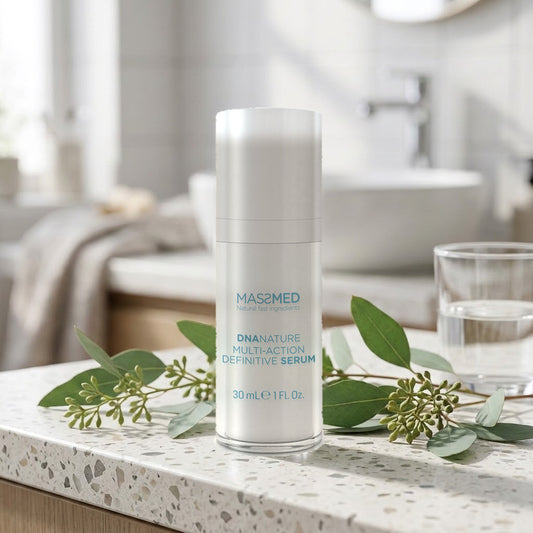 Massada DNA Nature Multi-Action Definitive Serum 30 ml en encimera de terrazo junto a hojas verdes y un vaso de agua