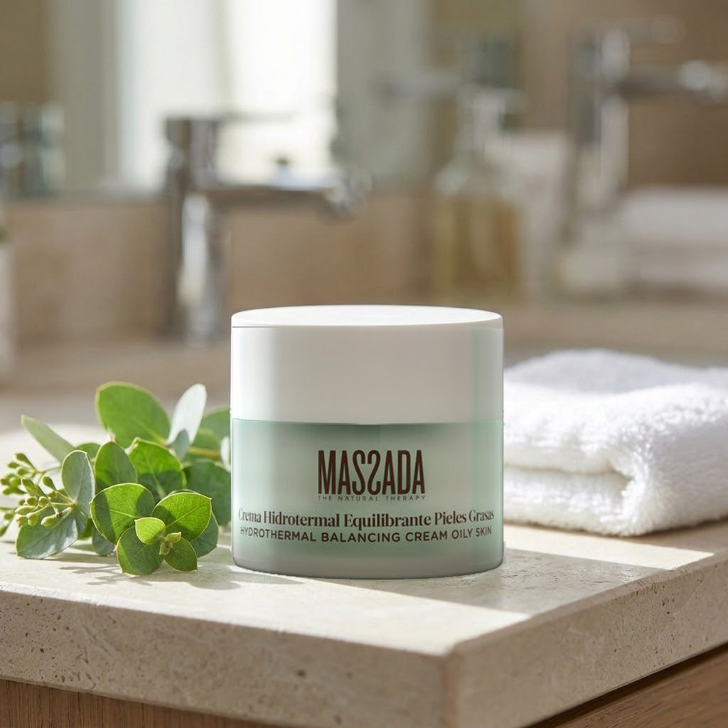 Massada Hydrothermal Balancing Cream Oily Skin 50 ml sobre una encimera de piedra, junto a ramas verdes y una toalla