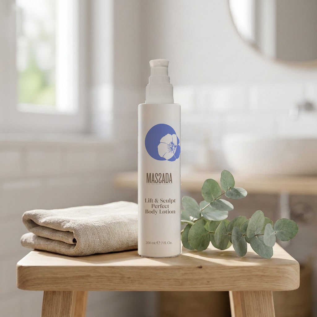 Massada Lift & Sculpt Perfect Body Lotion 200 ml sobre un taburete de madera, junto a una toalla de lino y ramas verdes