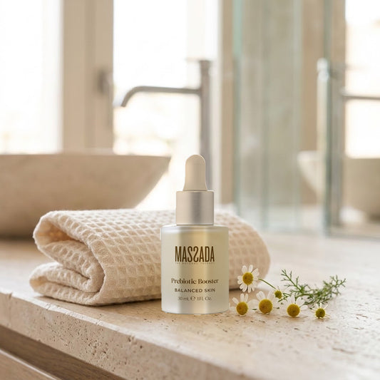 Massada Prebiotic Youth Booster 30 ml sobre una encimera de piedra, junto a una toalla de nido de abeja y flores blancas