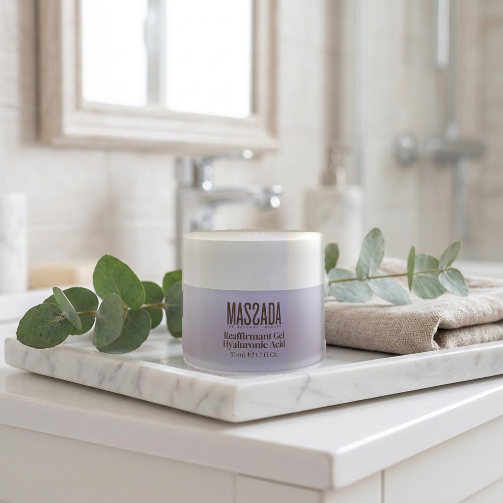 Massada Reaffirmant Gel Hyaluronic Acid 50 ml sobre una bandeja de mármol, junto a ramas verdes y una toalla beige