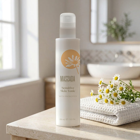 Massada Sensitive Skin Tonic 200 ml sobre una encimera de piedra, junto a una toalla de nido de abeja y flores blancas