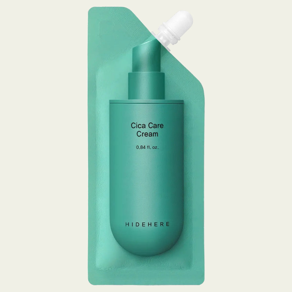 Hidehere Cica Care Cream 25 ml, crema facial calmante con centella asiática en envase flexible con boquilla