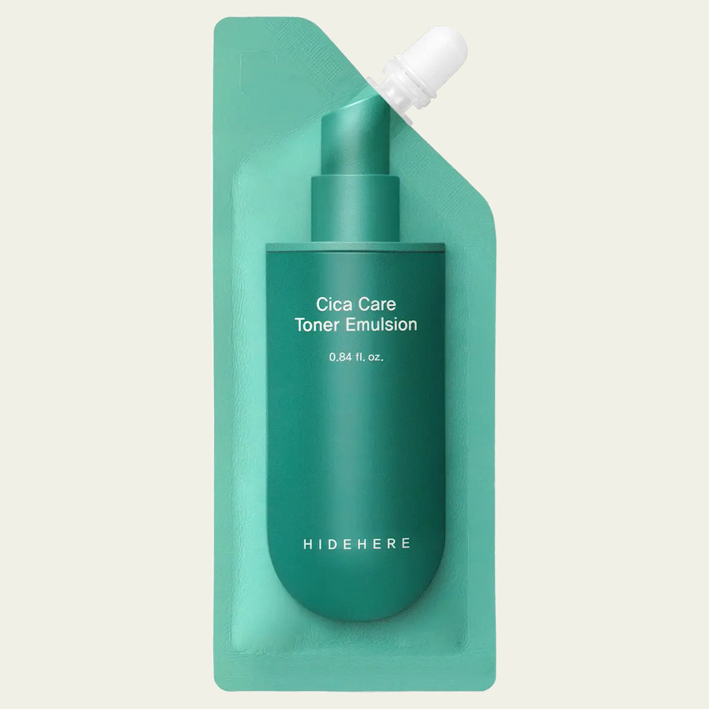 Hidehere Cica Care Toner Emulsion 25 ml, tónico emulsión calmante con centella asiática en envase flexible con boquilla