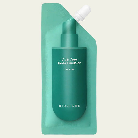 Hidehere Cica Care Toner Emulsion 25 ml, tónico emulsión calmante con centella asiática en envase flexible con boquilla