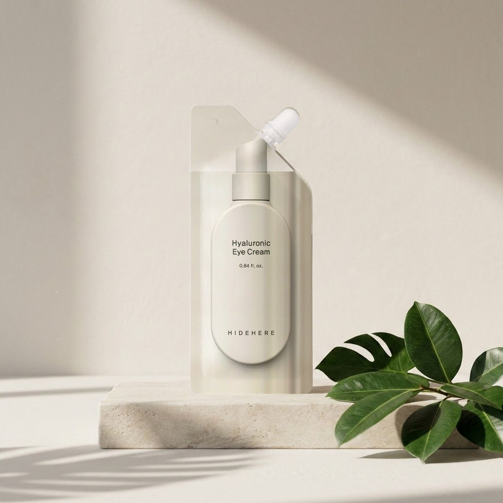 Hidehere Hyaluronic Eye Cream 25ml sobre una losa de piedra clara, junto a unas hojas verdes