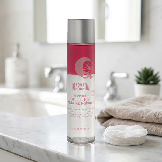 Massada Biocellular Botanic Eye Make-Up Remover 200 ml en encimera de mármol del baño con toalla y discos de algodón
