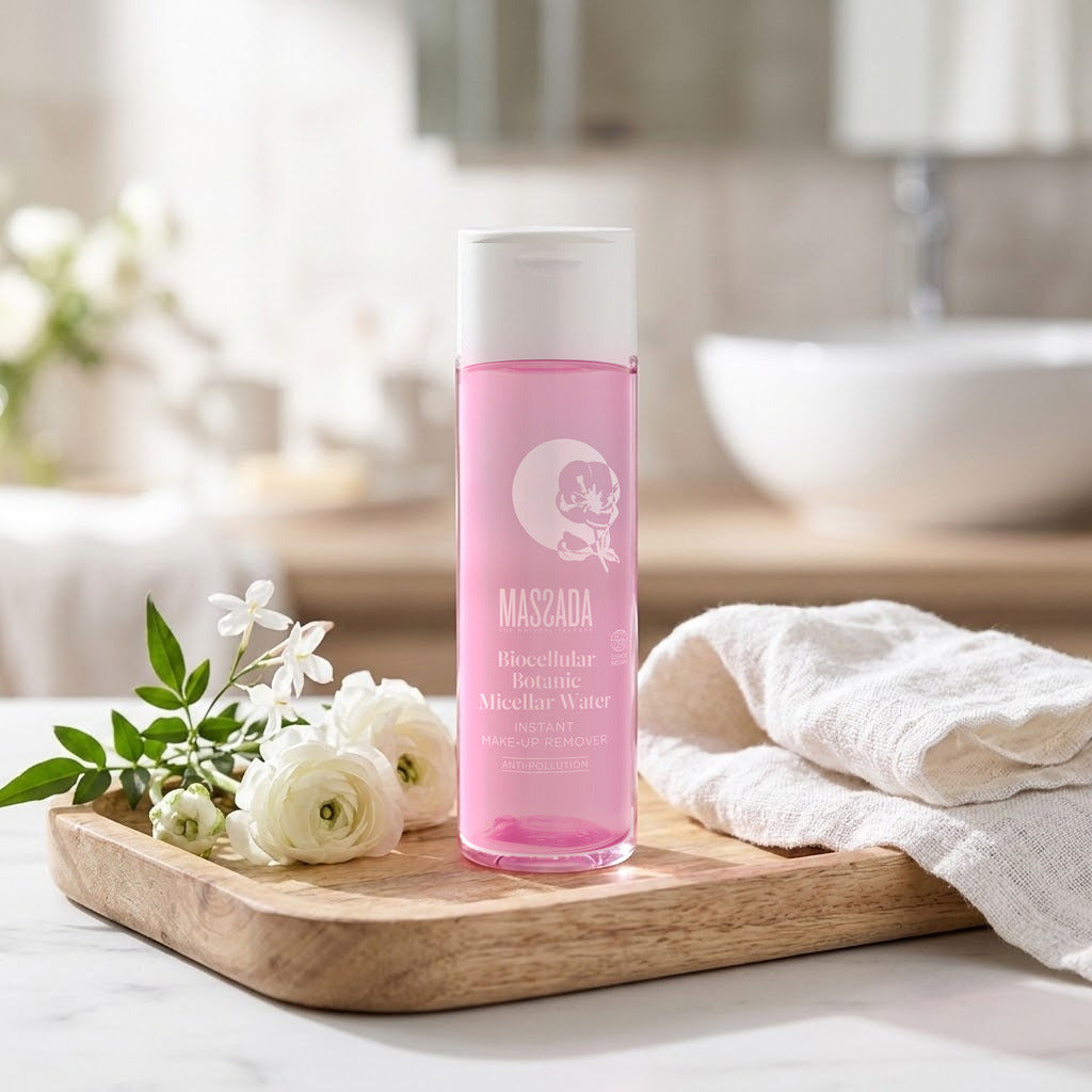 Massada Biocellular Botanic Micellar Water 200 ml en una bandeja de madera con flores blancas y una toalla