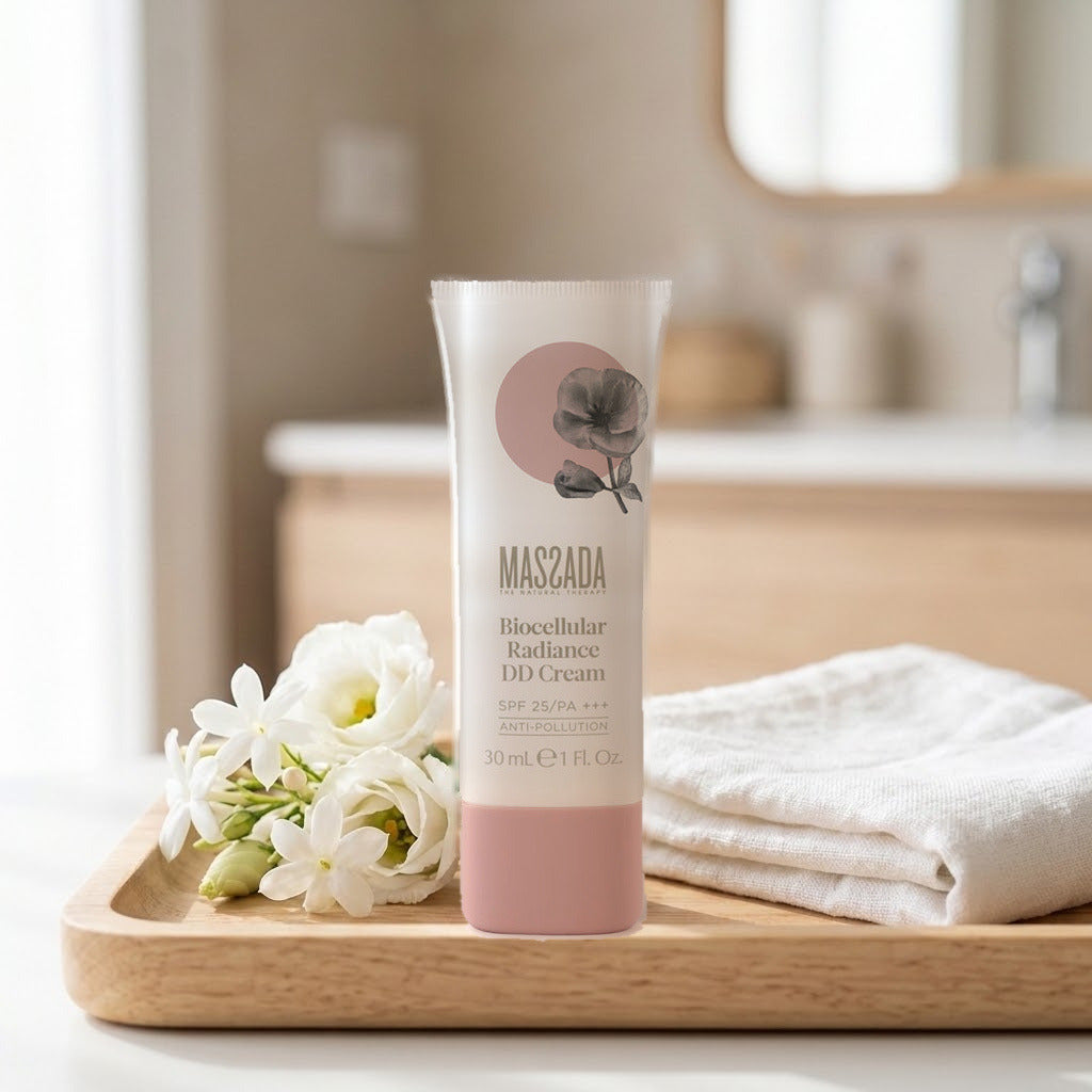Massada Biocellular Radiance DD Cream SPF 25 / PA+++ 30 ml en bandeja de madera con flores blancas y toalla