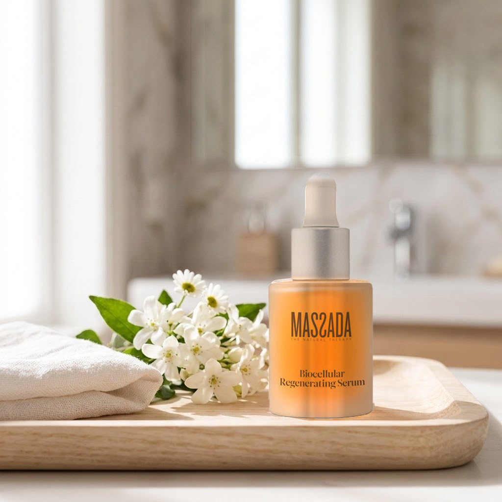 Massada Biocellular Regenerating Serum 30 ml sobre una bandeja de madera, junto a flores blancas y una toalla blanca