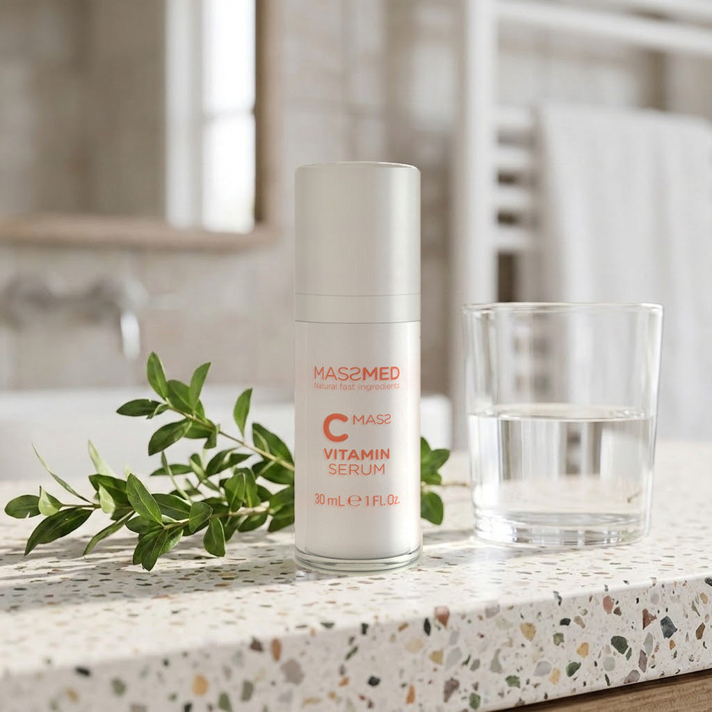 Massada C Mass Vitamin Serum 30 ml sobre una encimera de terrazo, junto a una rama verde y un vaso de agua