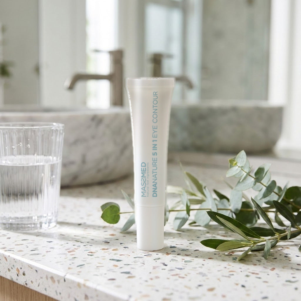 Massada DNA Nature 5 in 1 Eye Contour 15 ml en encimera de terrazo junto a un vaso de agua y ramas de hojas verdes