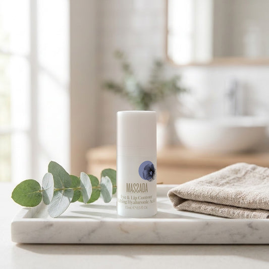Massada Eye & Lip Contour Lifting Hyaluronic Acid 15 ml sobre una bandeja de mármol, con ramas verdes y lino
