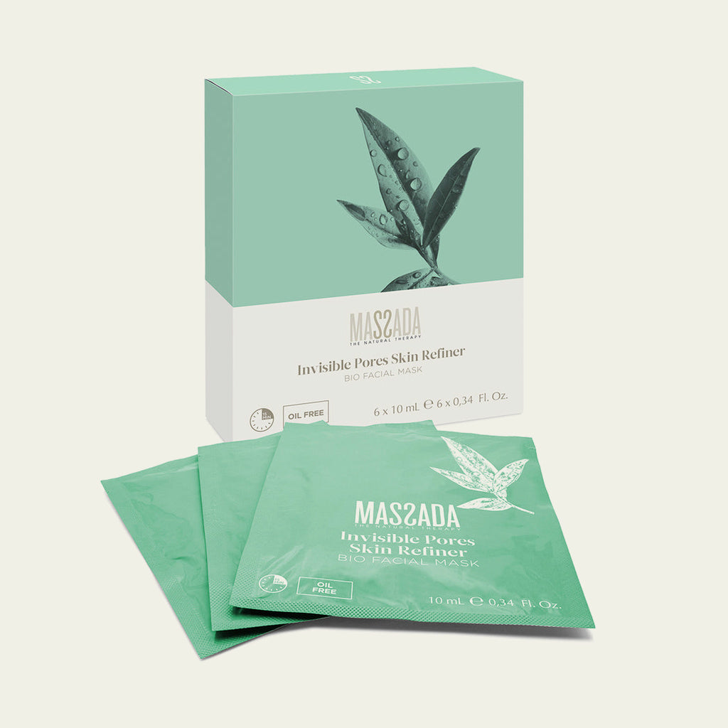 Massada Invisible Pores Skin Refiner Facial Mask 6 sobres, caja y sobres de mascarilla facial para piel grasa
