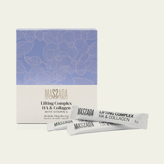 Massada Lifting Complex HA & Collagen 30 sticks, caja y sticks de complemento alimenticio con colágeno y ácido hialurónico