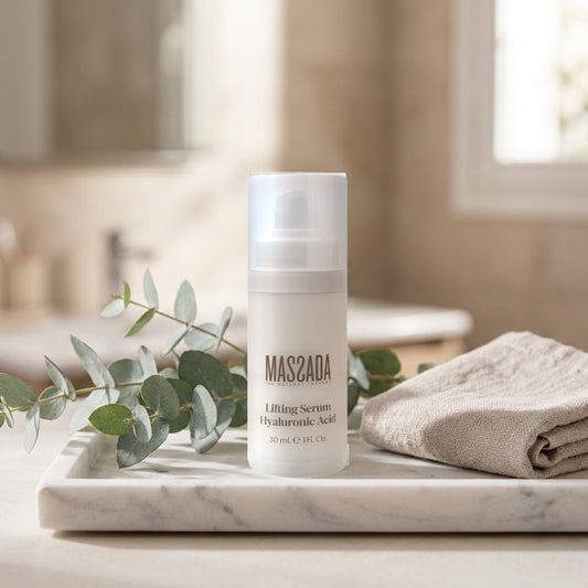 Massada Lifting Serum Hyaluronic Acid 30 ml sobre una bandeja de mármol, junto a ramas verdes y una toalla de lino