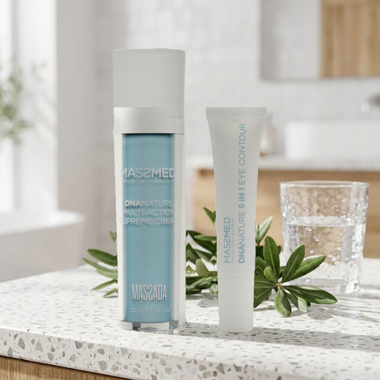 Pack Massada DNA Nature: crema y contorno de ojos sobre una encimera de terrazo, junto a ramas verdes y un vaso de agua