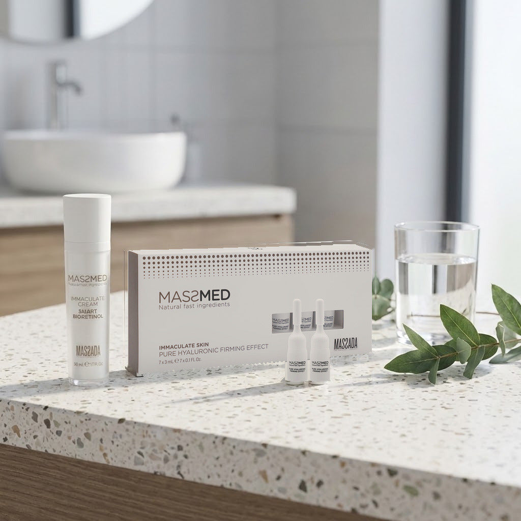 Pack Massada MassMed Immaculate Skin: crema y ampollas sobre una encimera de terrazo, junto a un vaso de agua