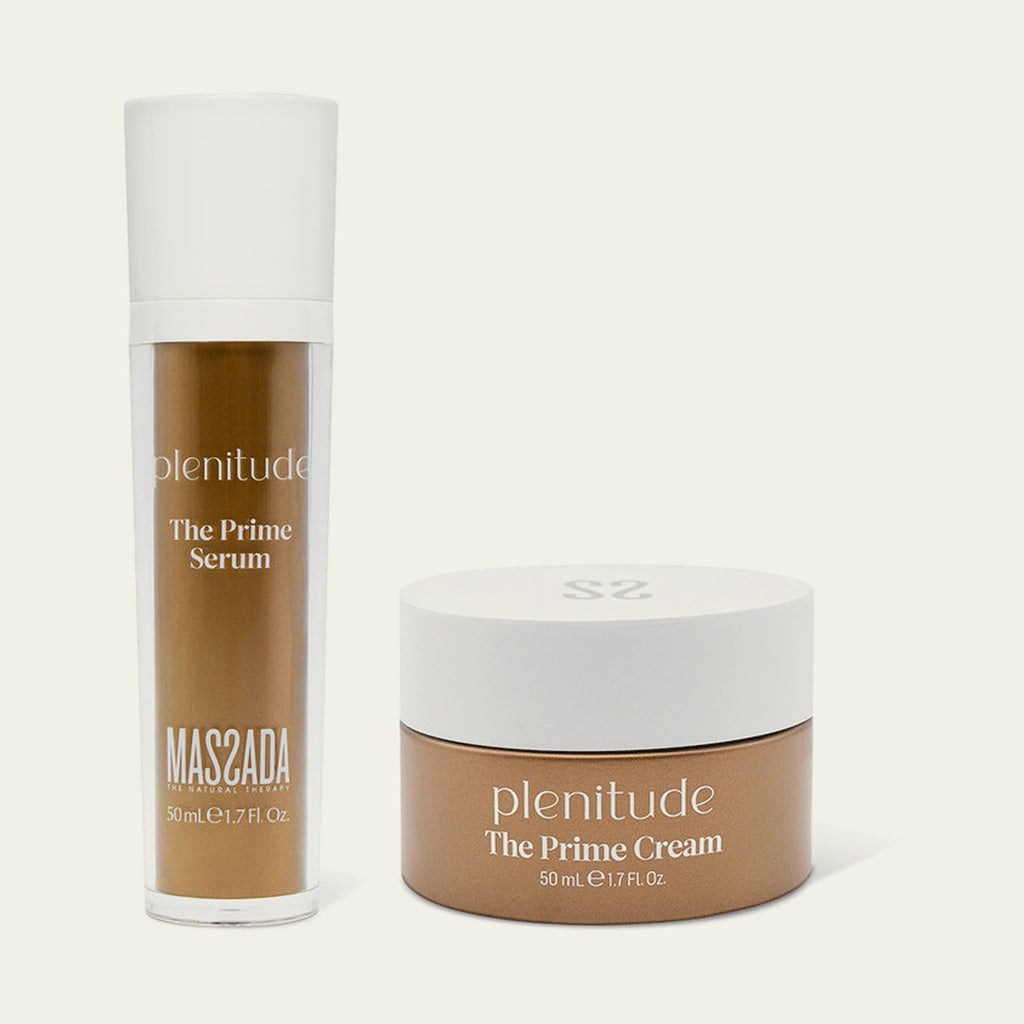 Pack Massada Plenitude: The Prime Serum 50 ml y The Prime Cream 50 ml, sérum en frasco alto y crema en tarro