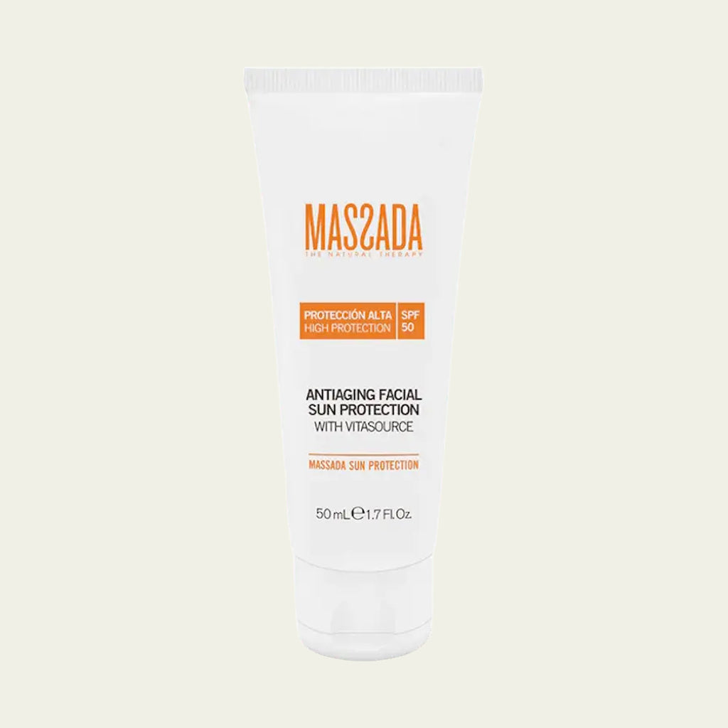 Massada Antiaging Facial Sun Protection SPF 50 de 50 ml, protector solar facial antiedad con color en tubo