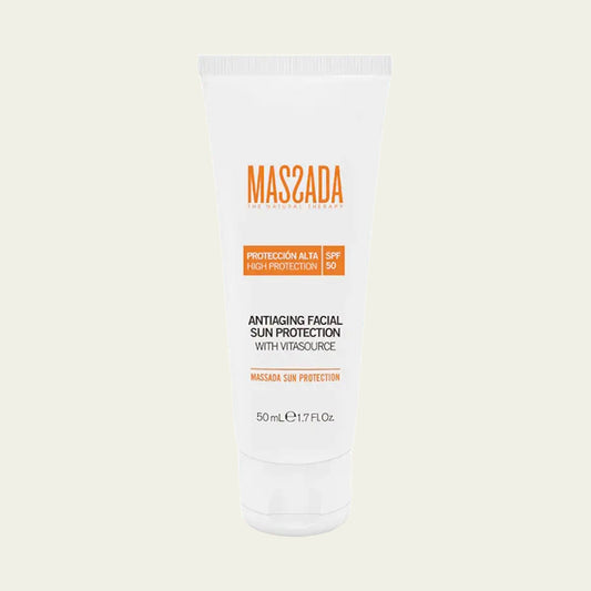 Massada Antiaging Facial Sun Protection SPF 50 de 50 ml, protector solar facial antiedad con color en tubo