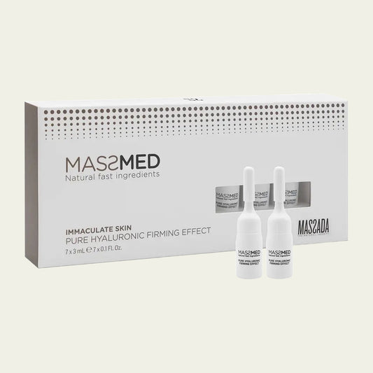Massada Pure Hyaluronic Firming Effect 7 x 3 ml, caja y ampollas faciales con ácido hialurónico