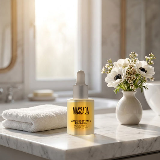 Massada Sérum Hidratante de Jojoba 30 ml sobre una encimera de mármol, junto a flores blancas y una toalla blanca