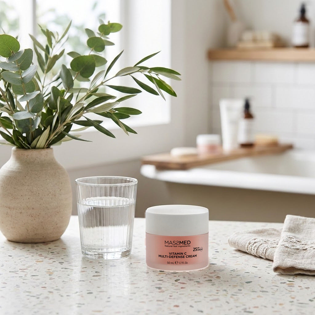 Massada Vitamin C Multi Defense Cream 50 ml sobre una encimera de terrazo, junto a un vaso de agua y un jarrón verde