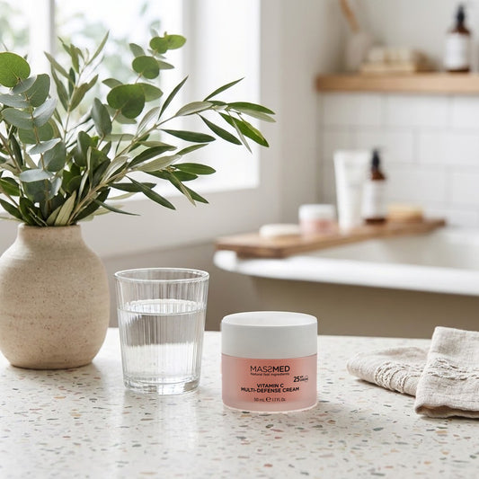 Massada Vitamin C Multi Defense Cream 50 ml sobre una encimera de terrazo, junto a un vaso de agua y un jarrón verde